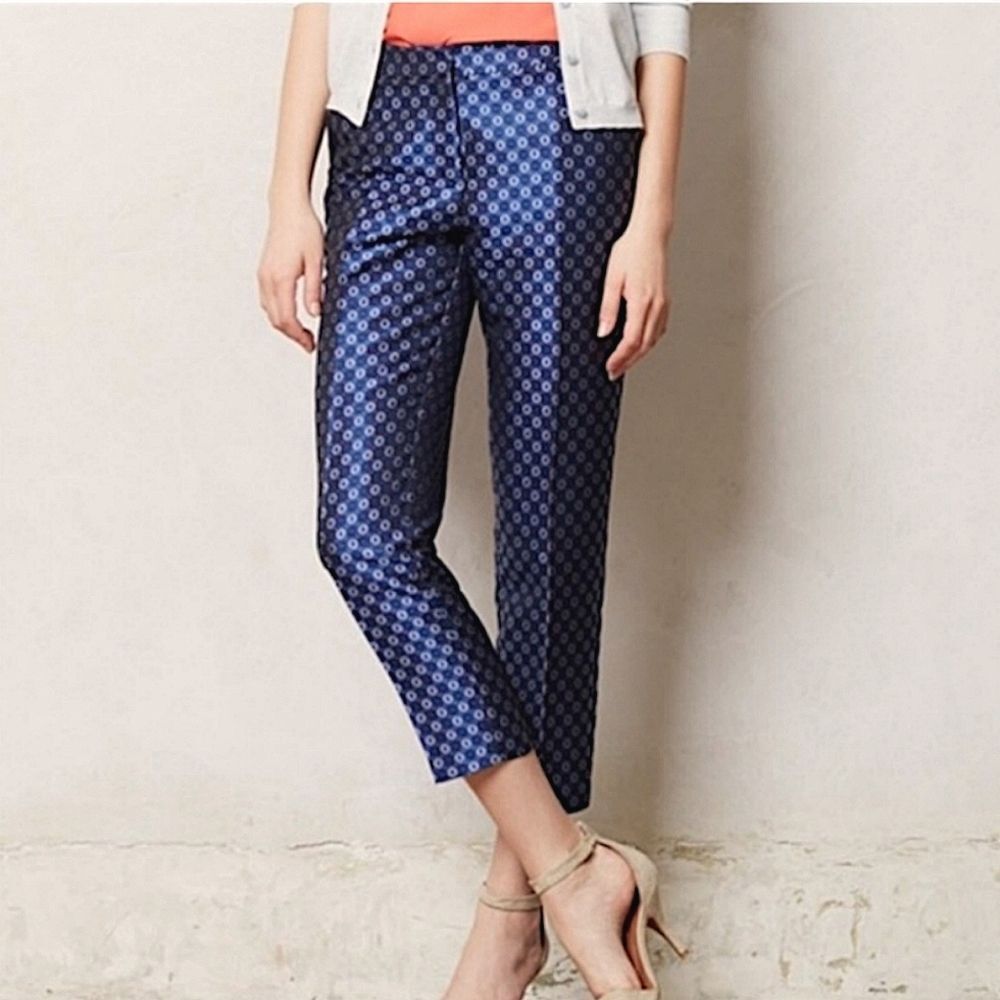 Leifsdottir Anthropologie Batik Jacquard Print Cropped Dress Pant, Size 4, Navy